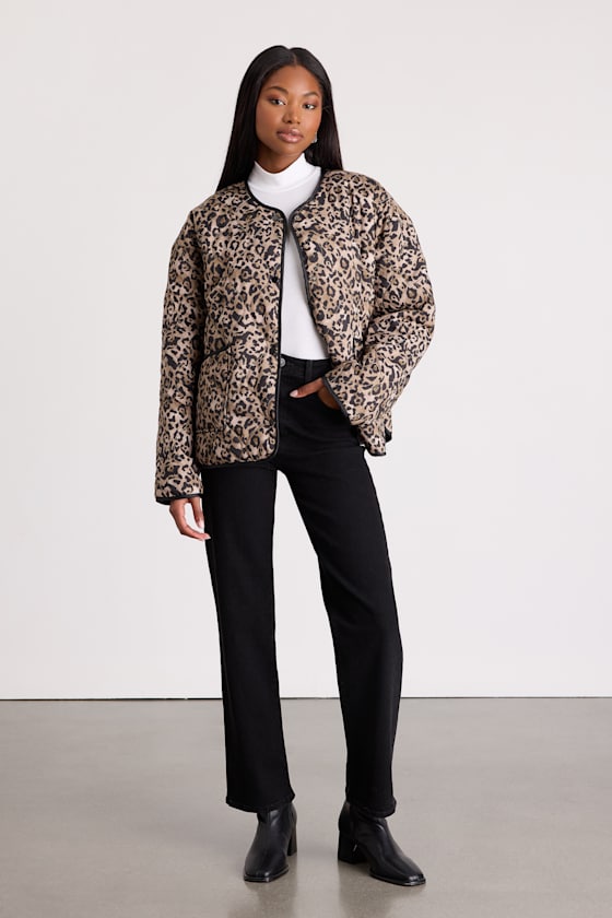 Lisa Brown Leopard Print Collarless Quilted Jacket