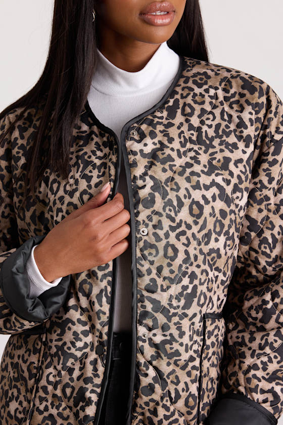Lisa Brown Leopard Print Collarless Quilted Jacket