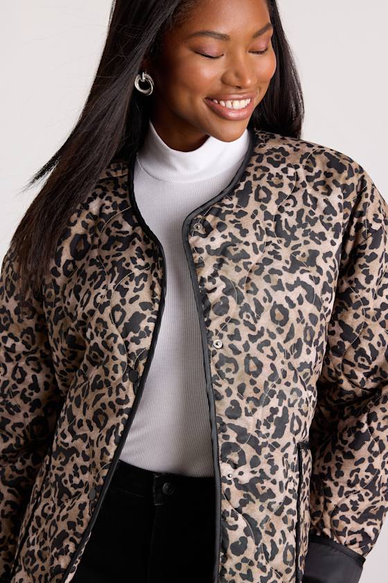 Lisa Brown Leopard Print Collarless Quilted Jacket