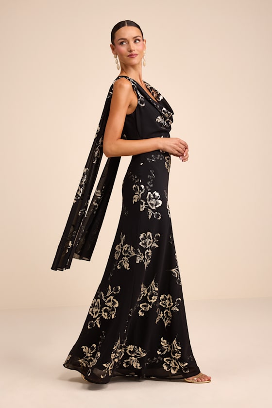 Sidonia Black and Gold Floral Cowl Sash Maxi Dress