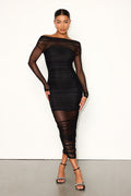 Sunama Black Mesh Ruched Long Sleeve Bodycon Midi Dress