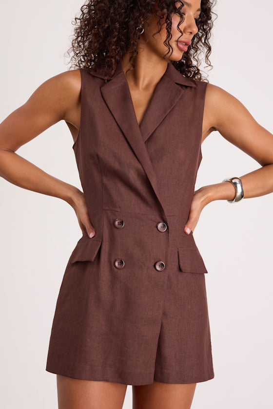 Paris Brown Linen Collared Romper