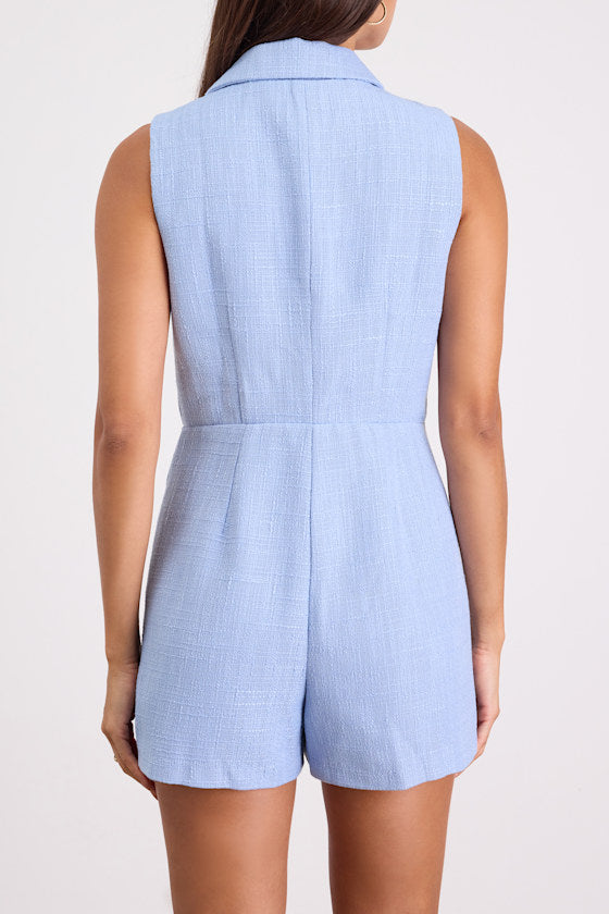 Paris Light Blue Tweed Collared Romper