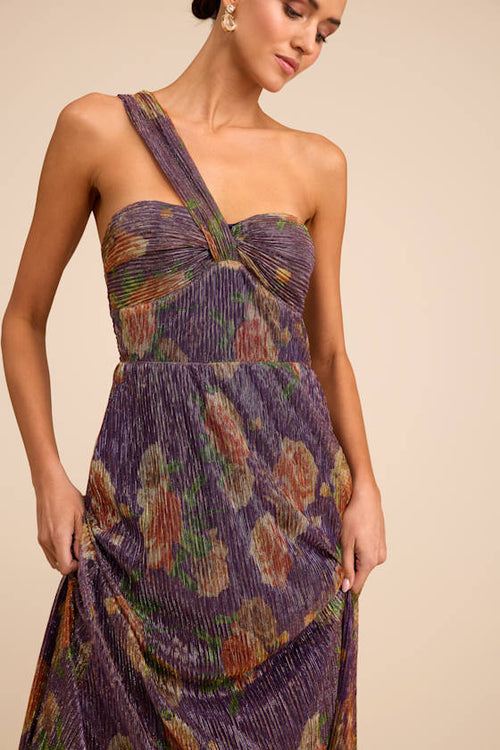 Maribella Dark Purple Floral Lurex Pleated Maxi Dress
