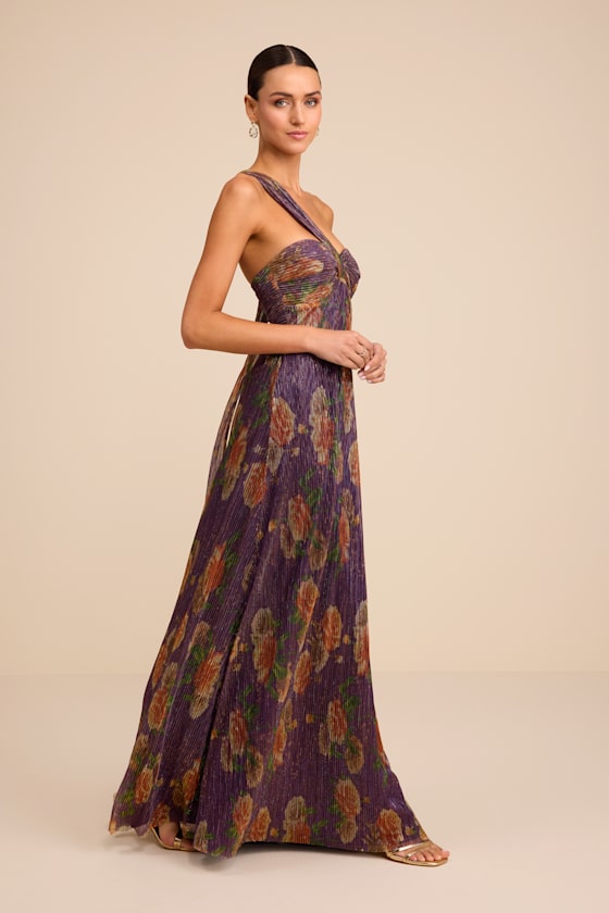 Maribella Dark Purple Floral Lurex Pleated Maxi Dress