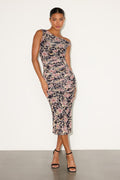 Mizela Black Floral Mesh One-Shoulder Midi Dress