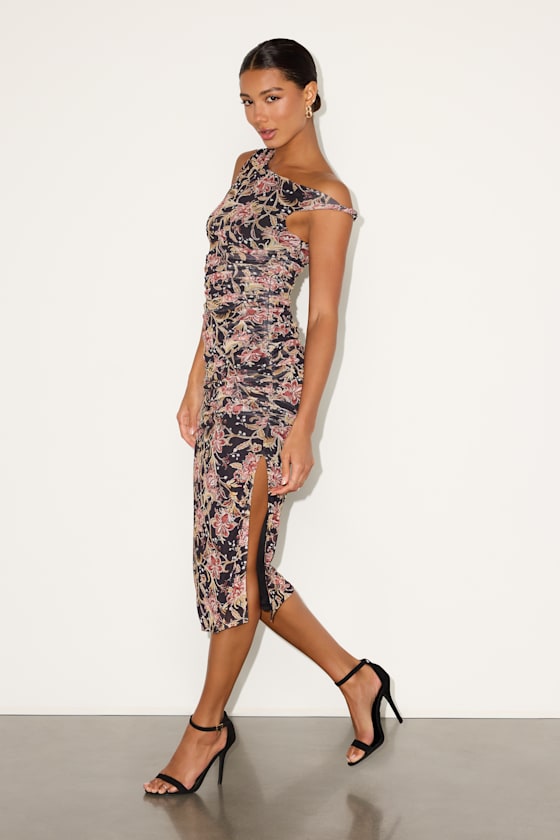 Mizela Black Floral Mesh One-Shoulder Midi Dress