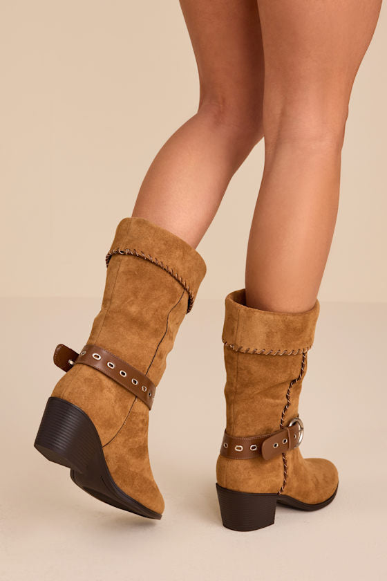 Leah Cognac Suede Buckle Mid-Calf Boots