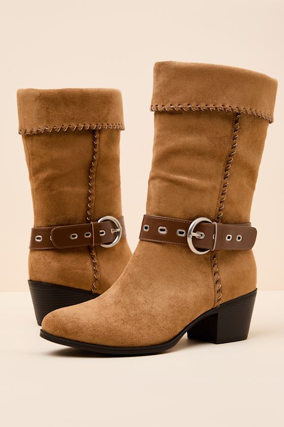Leah Cognac Suede Buckle Mid-Calf Boots