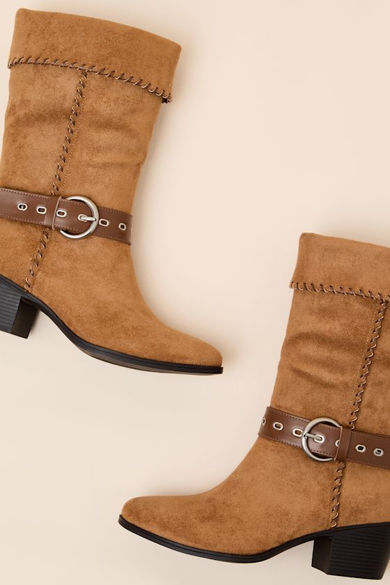 Leah Cognac Suede Buckle Mid-Calf Boots