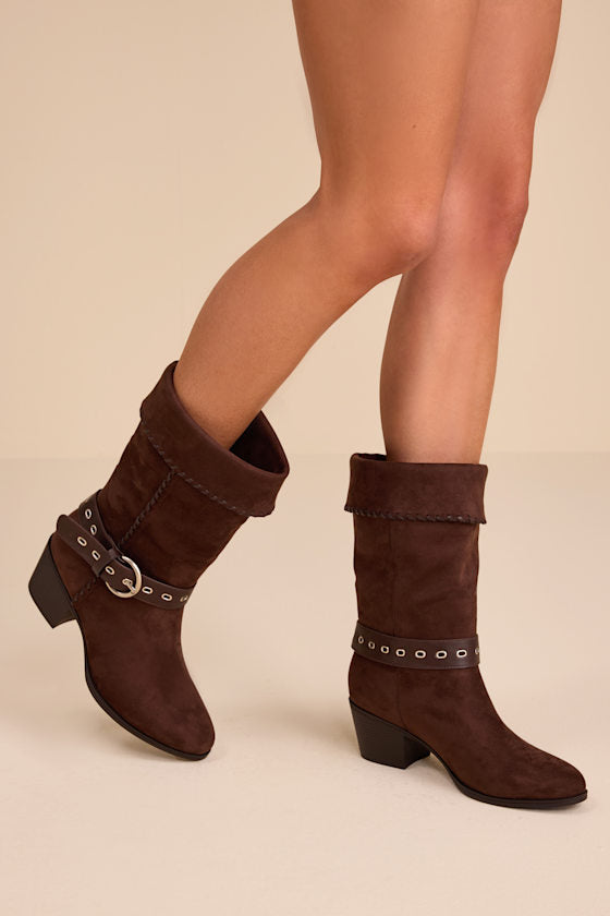Leah Chocolate Brown Suede Buckle Mid-Calf Boots