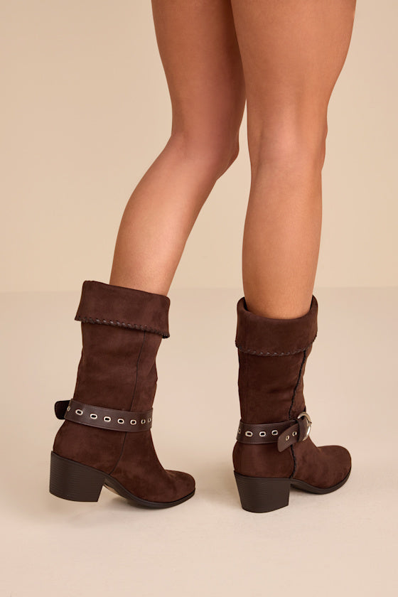 Leah Chocolate Brown Suede Buckle Mid-Calf Boots