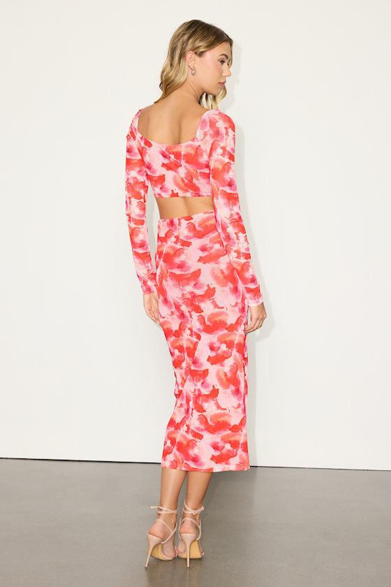 Dasia Pink and Red Abstract Print Mesh Cutout Midi Dress