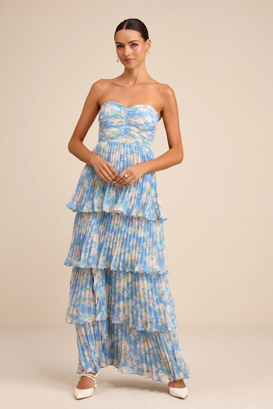 Seriously Sensational Blue Floral Strapless Tiered Maxi Dress