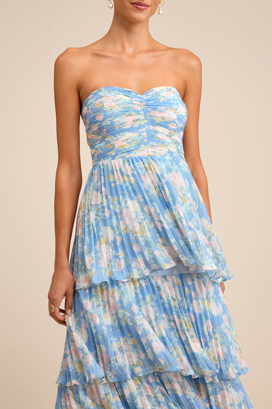 Seriously Sensational Blue Floral Strapless Tiered Maxi Dress