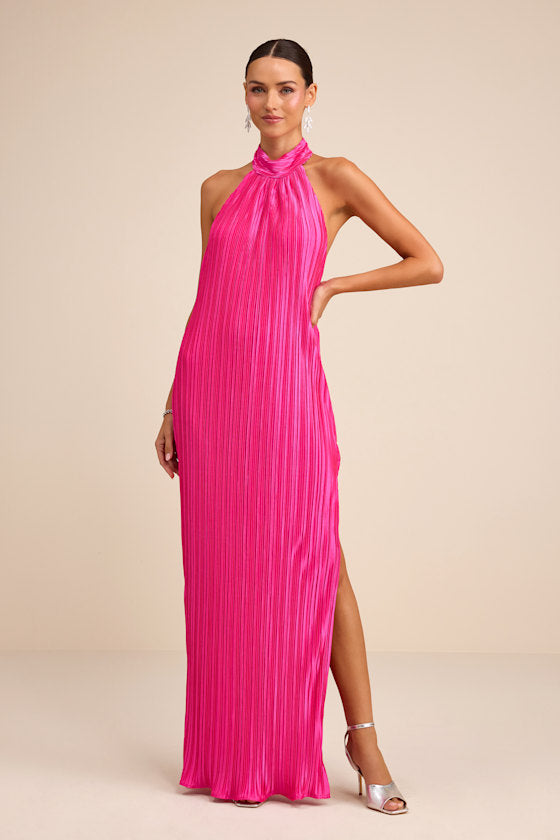 Gwenny Hot Pink Satin Plisse Maxi Dress