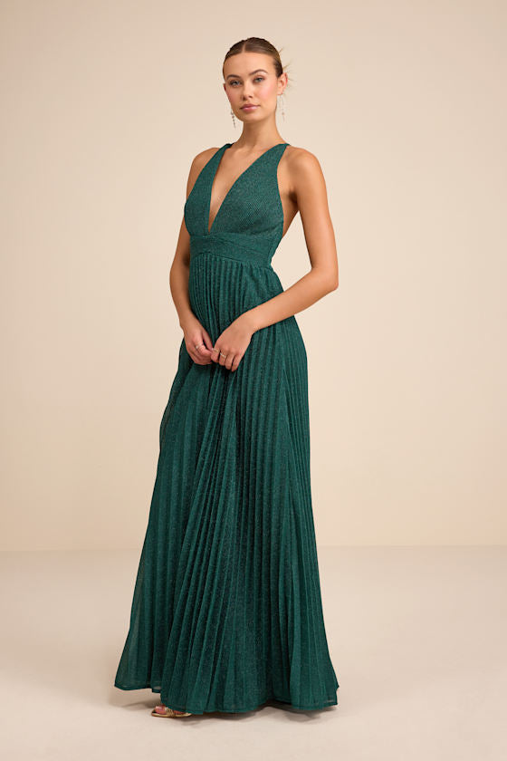 Especially Stunning Emerald Green Sparkly Pleated Maxi Dress
