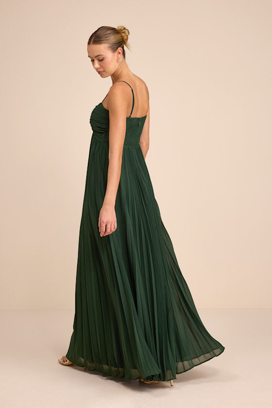 Jolette Emerald Pleated Knot-Front Maxi Dress