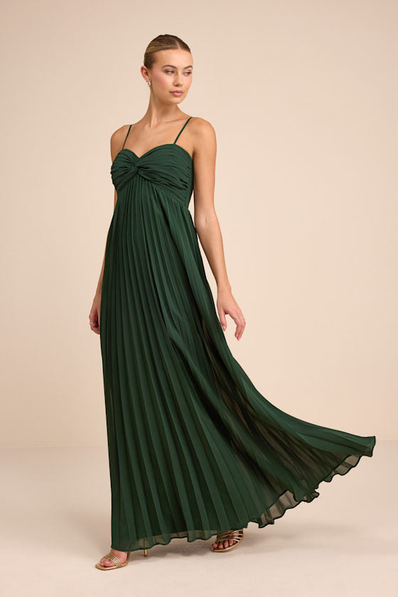 Jolette Emerald Pleated Knot-Front Maxi Dress