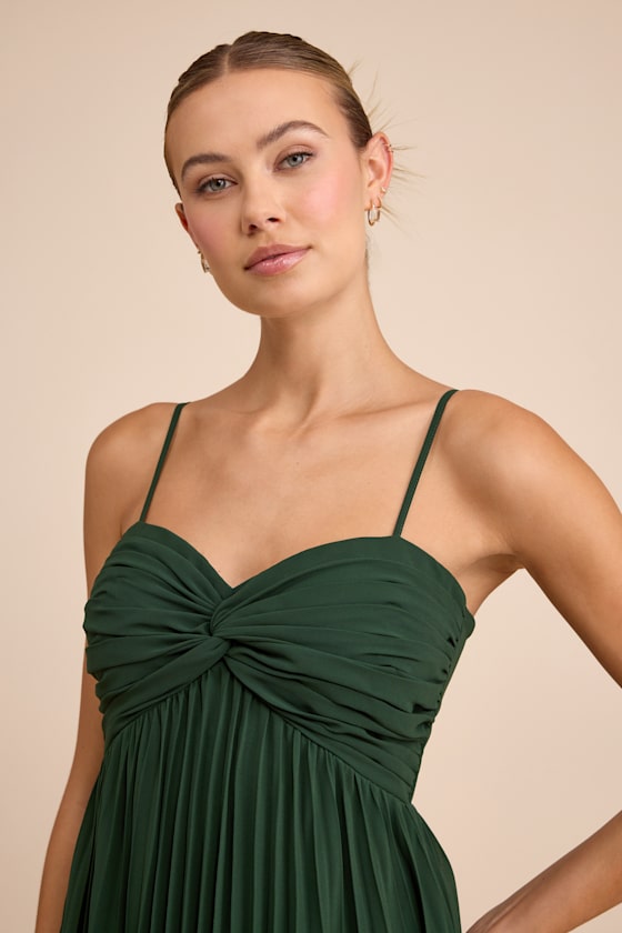 Jolette Emerald Pleated Knot-Front Maxi Dress