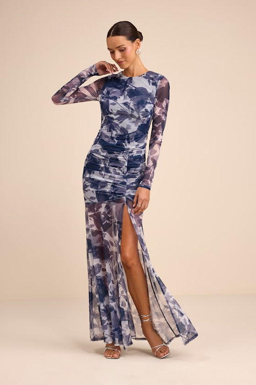 Vibrant Poise Blue Floral Print Mesh Ruched Maxi Dress
