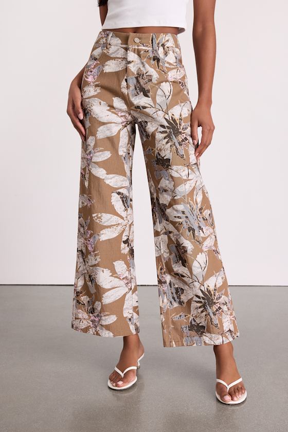 Venesse Light Brown Floral Twill Wide-Leg Pants