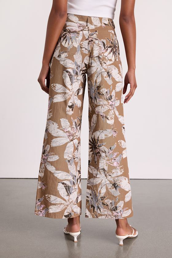 Venesse Light Brown Floral Twill Wide-Leg Pants