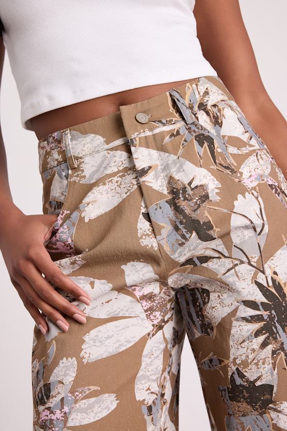 Venesse Light Brown Floral Twill Wide-Leg Pants