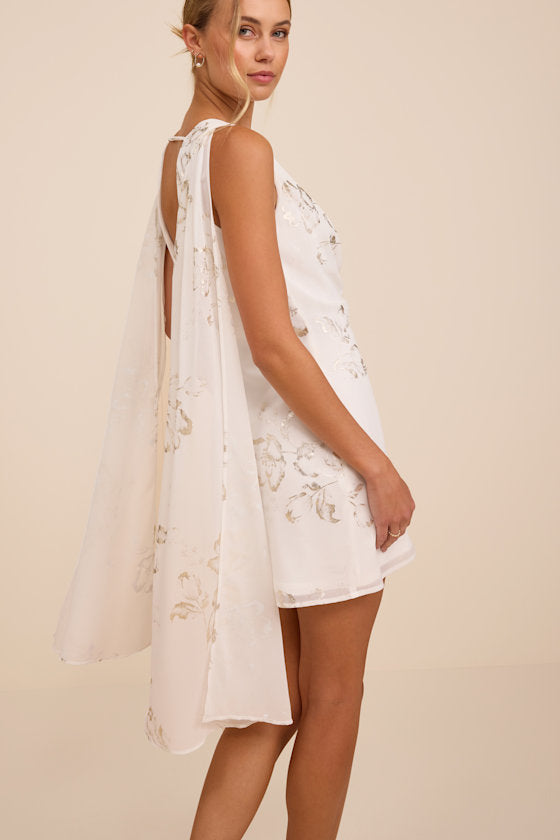 Sidonia White and Gold Floral Cowl Sash Mini Dress