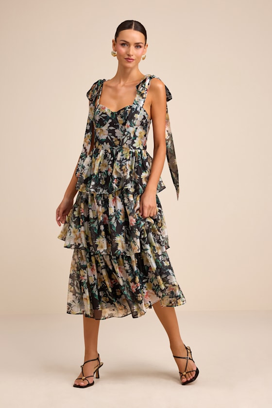 Svea Black Floral Tiered Tie-Strap Midi Dress