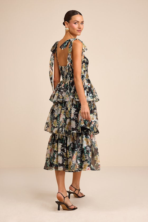 Svea Black Floral Tiered Tie-Strap Midi Dress