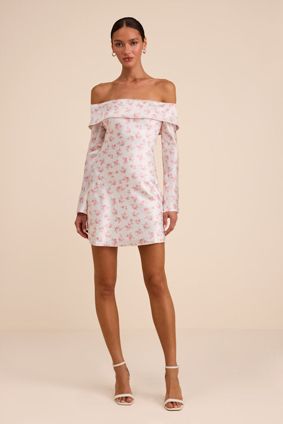Luxurious Vision White Floral Satin Off-the-Shoulder Mini Dress