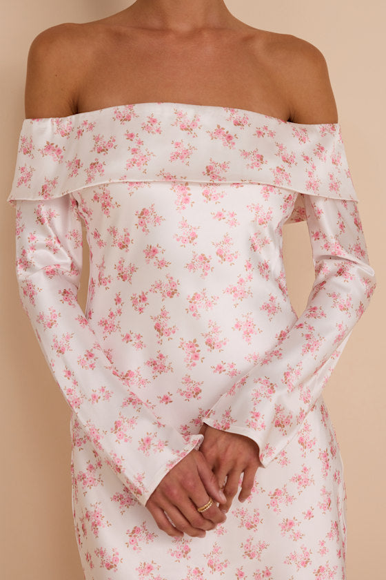 Luxurious Vision White Floral Satin Off-the-Shoulder Mini Dress