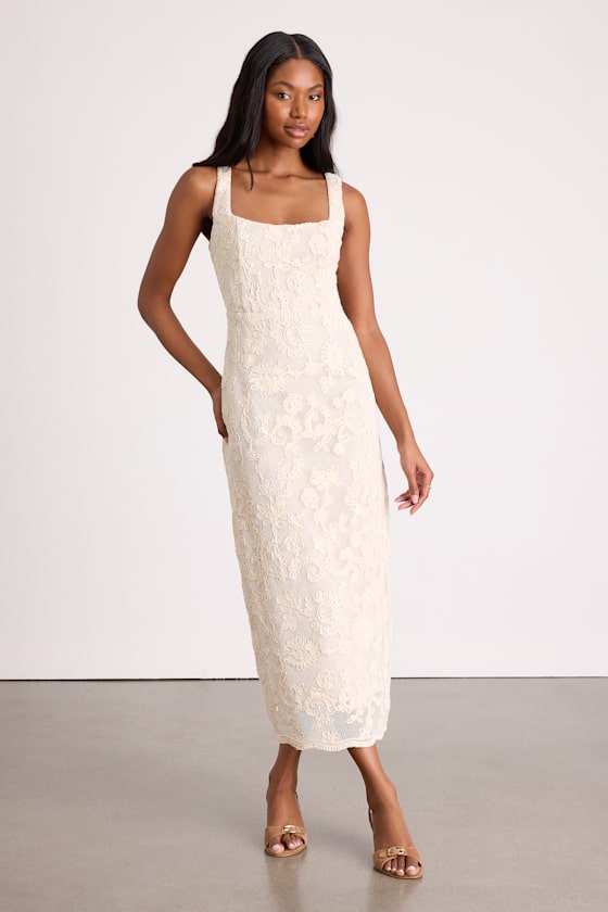 Larine Cream Abstract Floral Embroidered Midi Dress