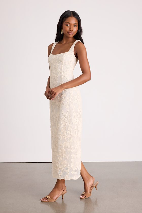 Larine Cream Abstract Floral Embroidered Midi Dress