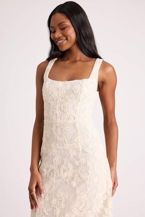 Larine Cream Abstract Floral Embroidered Midi Dress