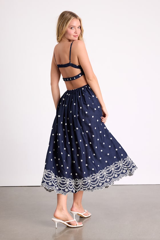 Kosi Navy Embroidered Backless Midi Dress