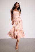 Kristella Blush Floral Strapless Tiered Midi Dress