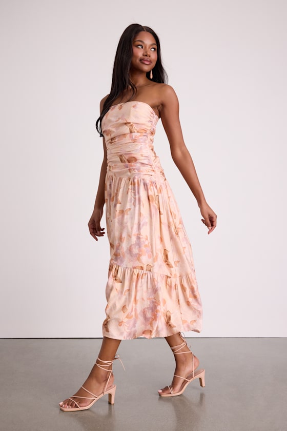 Kristella Blush Floral Strapless Tiered Midi Dress