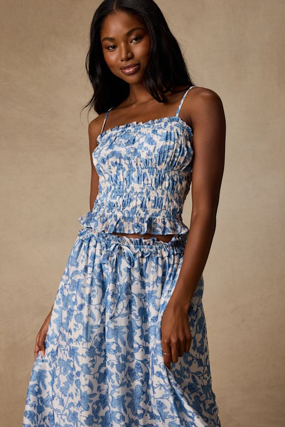 Denarius White and Blue Leaf Print Two-Piece Midi Dress