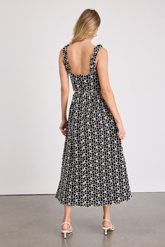Myka Black Floral Embroidered Cutout Midi Dress