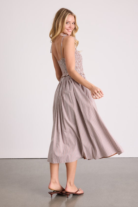 Fanya Brown and White Striped Smocked Midi Dress