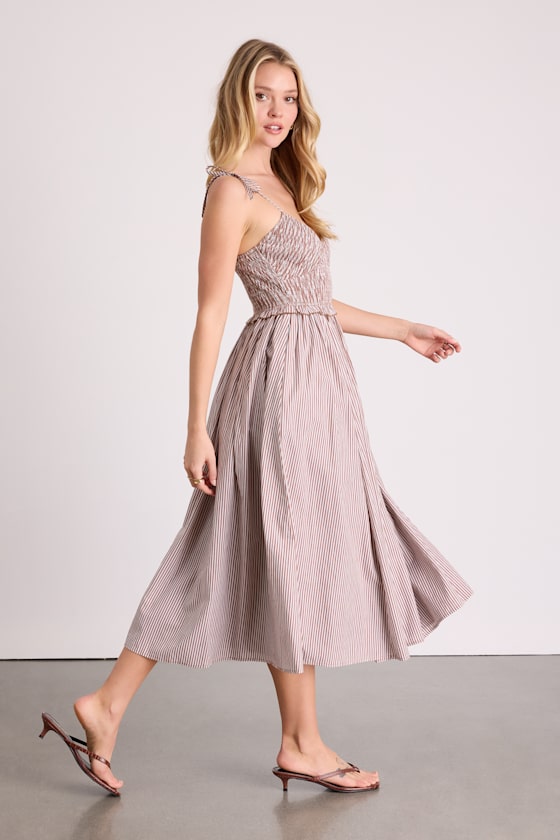 Fanya Brown and White Striped Smocked Midi Dress