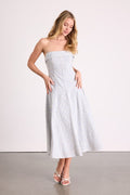 Kaletta Blue and Ivory Striped Eyelet Embroidered Midi Dress