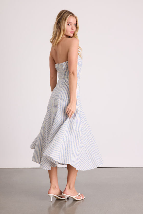 Kaletta Blue and Ivory Striped Eyelet Embroidered Midi Dress