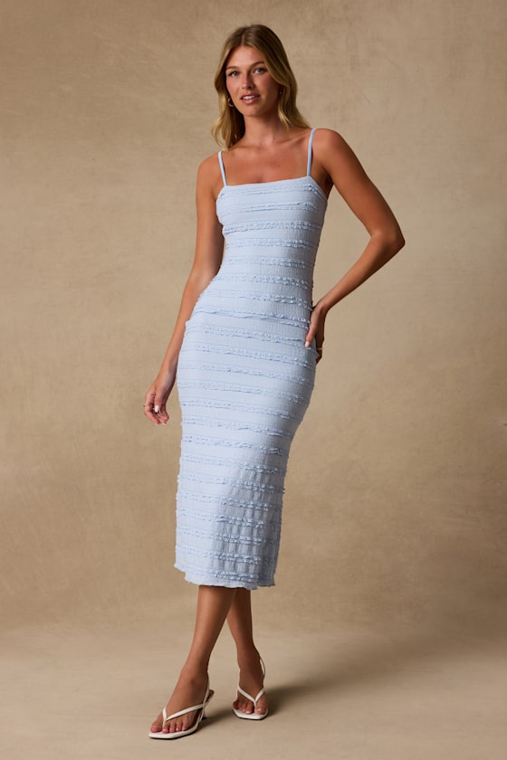 Avia Light Blue Textured Ruffled Midi Dress