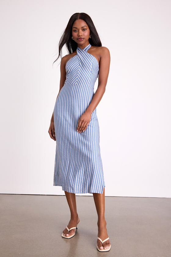 Gratiana Light Blue Striped Cross-Front Halter Midi Dress