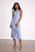 Gratiana Light Blue Striped Cross-Front Halter Midi Dress