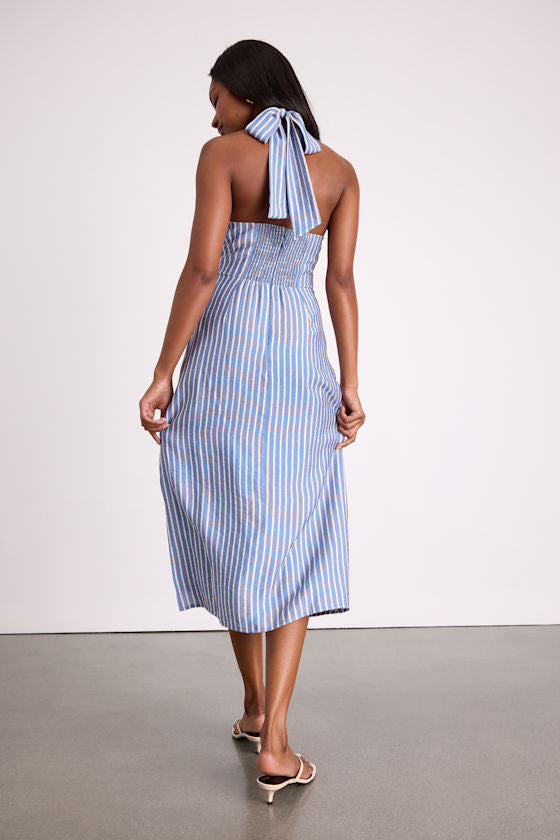 Gratiana Light Blue Striped Cross-Front Halter Midi Dress