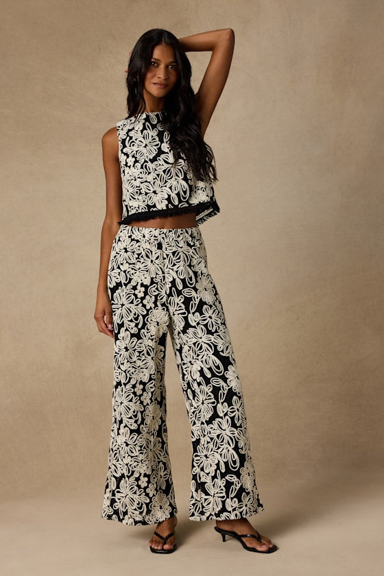 Yucca Black Floral Embroidered Two-Piece Jumpsuit
